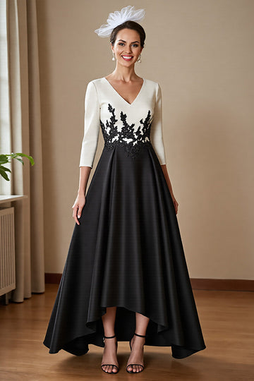 Satin A Line Black and White 3/4 Sleeves High Low Mother of the Bride Dress with Lace